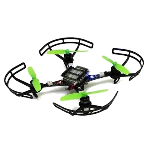 Bitcraze Crazyflie nano quadcopter with green propellers inside black propeller guards and an expansion deck mounted on the central board — Educational & Hobbyist