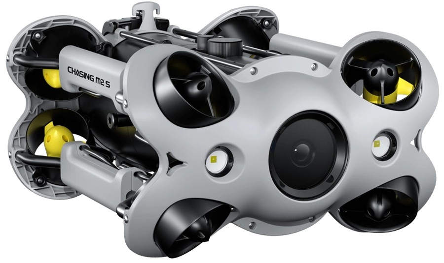 CHASING M2 S underwater ROV, gray body with 8 vectored thrusters, front camera, and dual floodlights
