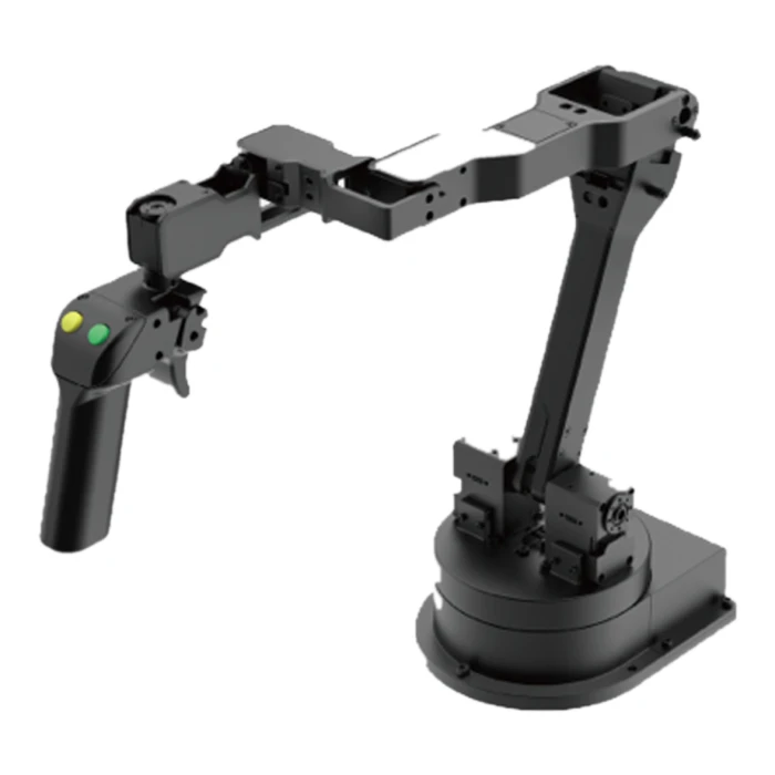 Black Dobot X-Trainer master hand: a jointed arm on a round base ending in a pistol-grip handle with yellow and green buttons — Robot Arms
