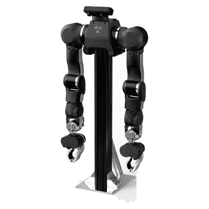Enactic OpenArm 2.0 bimanual robot arm system with two black seven-joint arms with silver pinch grippers hanging from a shoulder unit on a black aluminium column and steel base plate — Robot Arms