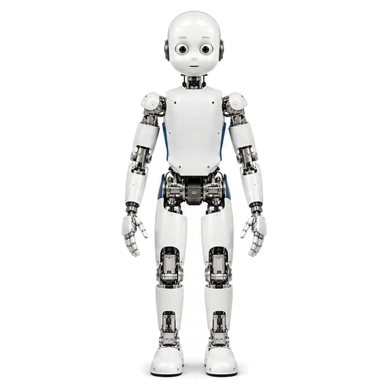 IIT iCub child-sized humanoid robot with a white shell, round head with dark eyes and headphone-like ear pieces, exposed metal joints at the shoulders, elbows, hips and knees, and small five-fingered hands — Humanoid & General Purpose