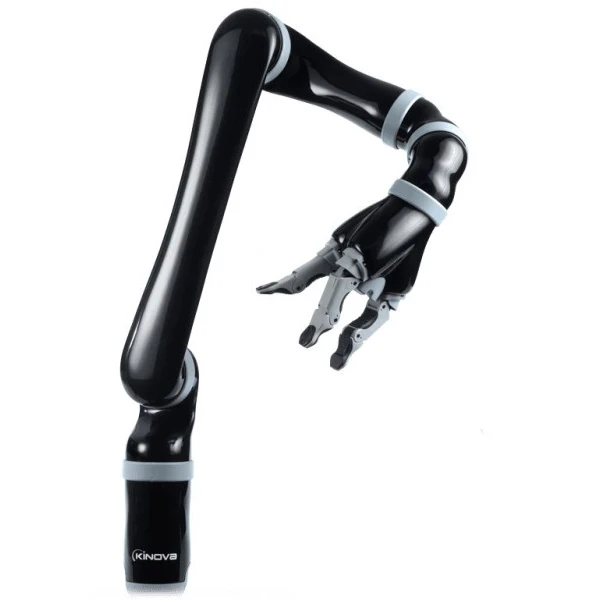Kinova JACO black carbon-fiber six-axis robot arm with a three-finger hand and grey joint rings, Kinova logo on the base — Robot Arms
