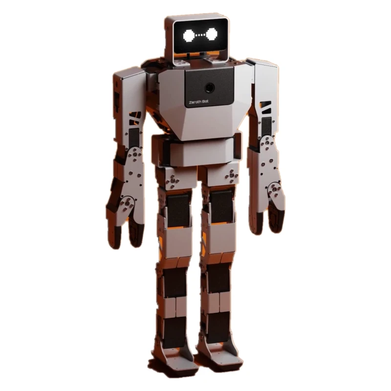 K-Scale Zeroth Bot small humanoid robot with a white and grey body, black joint modules, an LED screen face and Zeroth Bot printed on the chest — Humanoid & General Purpose