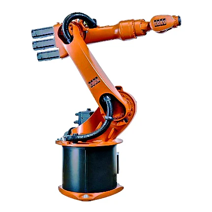Orange KUKA KR six-axis industrial robot arm on a black cylindrical base with a multi-finger gripper — Robot Arms