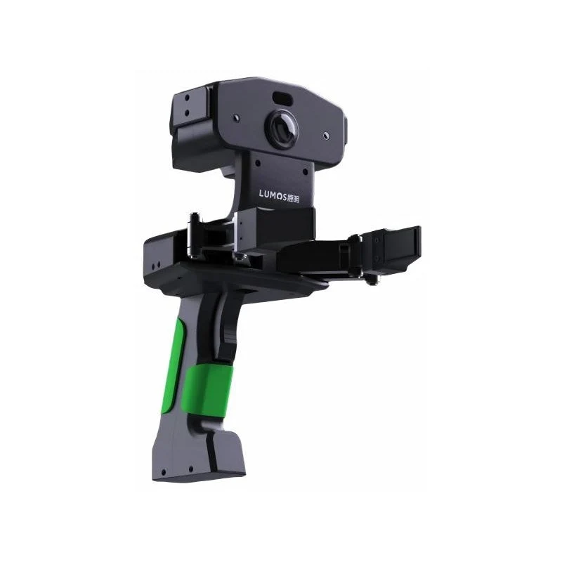 Lumos FastUMI handheld gripper with wrist camera and green-grip handle, a commercial UMI-style data collection unit — Robot Arms