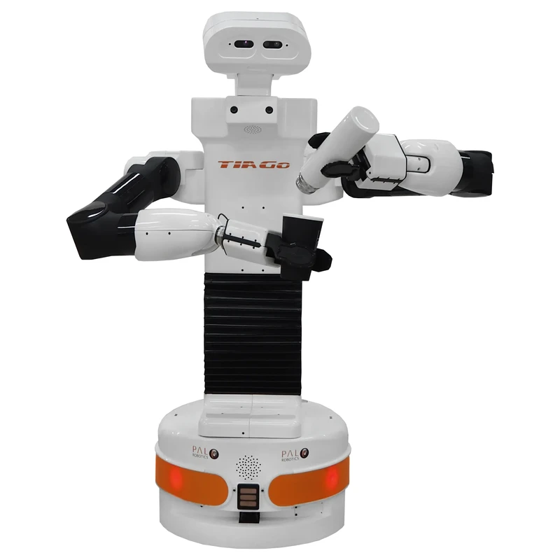 PAL Robotics TIAGo++ dual-arm mobile manipulator with a white body, black arm links, a head with two camera lenses, an orange-banded round base and TIAGo printed on the torso — Humanoid & General Purpose