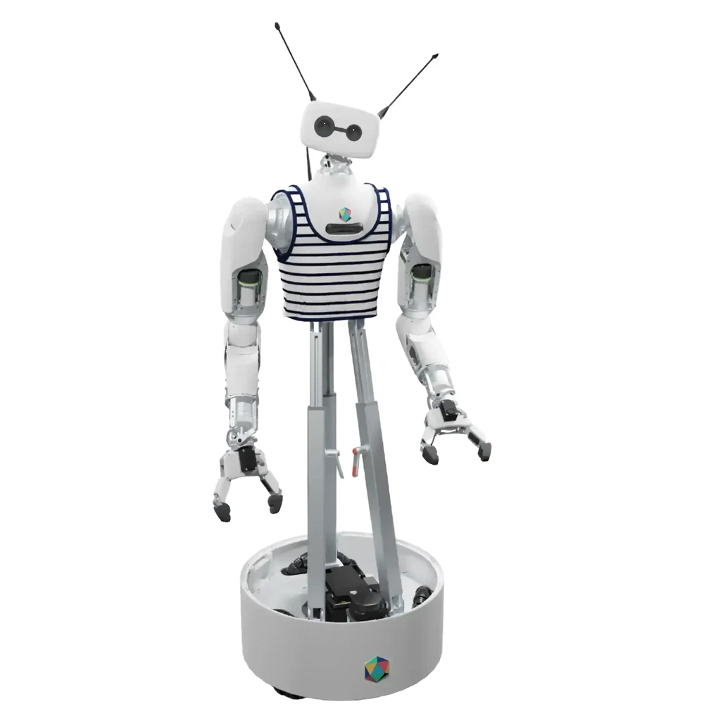 Pollen Robotics Reachy 2 wheeled dual-arm humanoid robot with antenna head, parallel grippers and a height-adjustable torso on a round mobile base — Humanoid & General Purpose