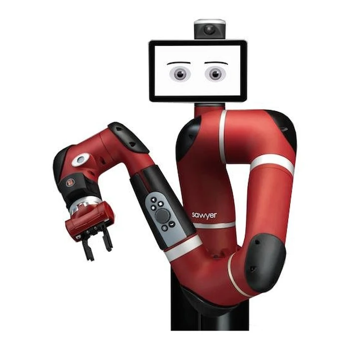 Rethink Robotics Sawyer red and black seven-axis collaborative robot arm with a face display showing two eyes and a parallel gripper — Robot Arms
