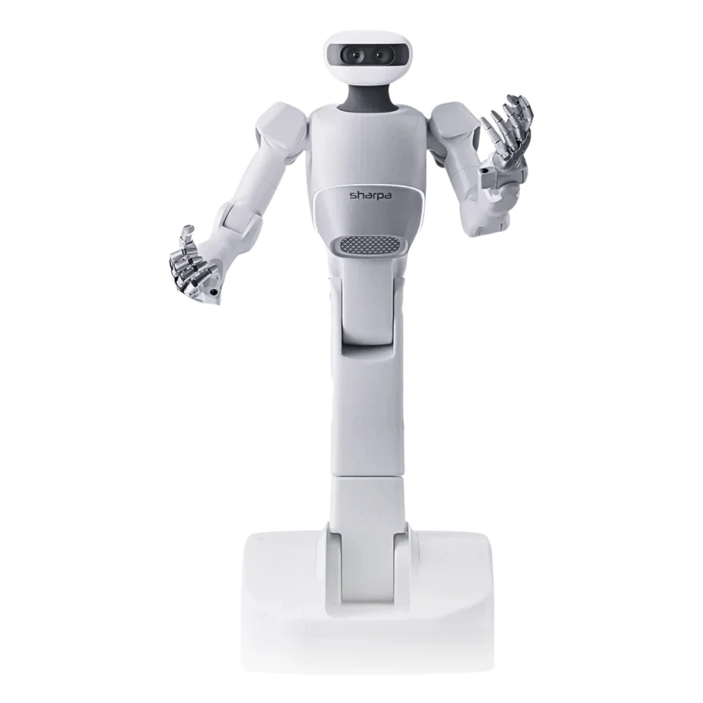 Sharpa North humanoid with a white head with two cameras, a Sharpa-branded torso, dexterous tactile hands and a single column on a white base — Humanoid & General Purpose