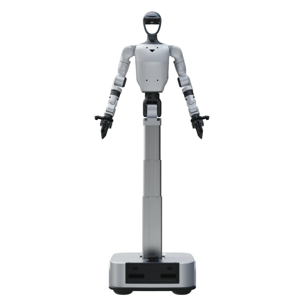 Unitree G1-D wheeled dual-arm humanoid platform with a telescoping column on a low rectangular base — Humanoid & General Purpose
