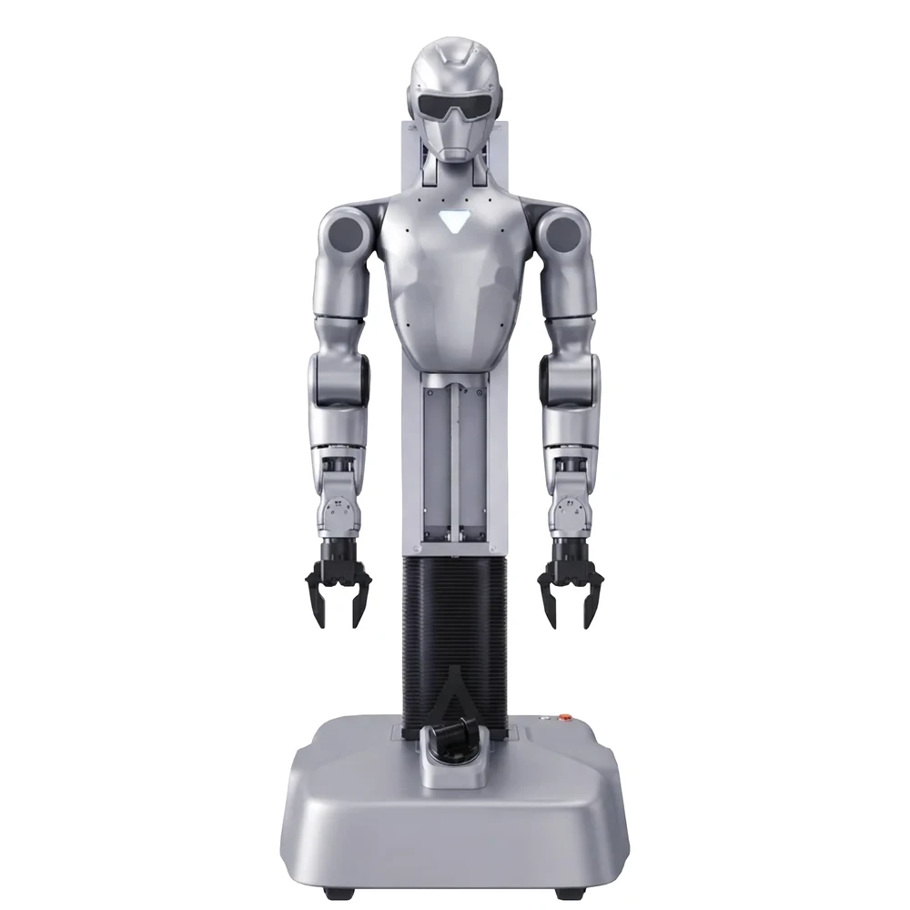 Unitree R1-D wheeled dual-arm humanoid with a silver head and torso, two-finger grippers and a lifting column on a wide platform base — Humanoid & General Purpose
